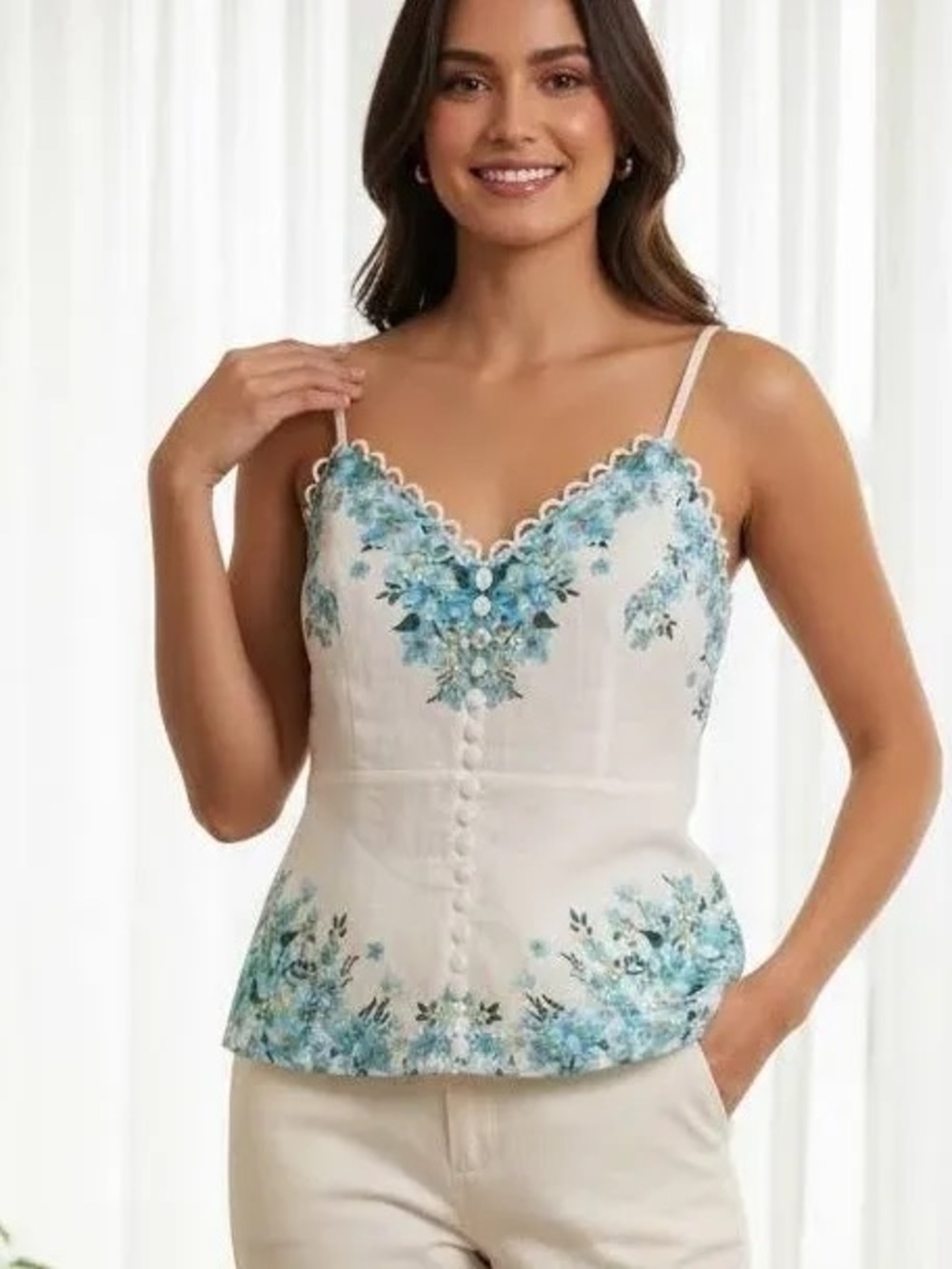 Elie Tahari Floral Linen Scallop Eyelet Button-Front Top - Size 6
